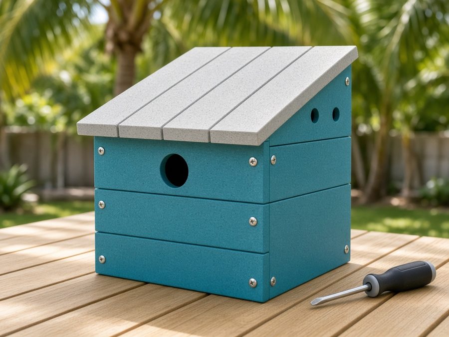 Assembled Everwood Bird House Kit in Miami teal with light grey roof slats (concept image)