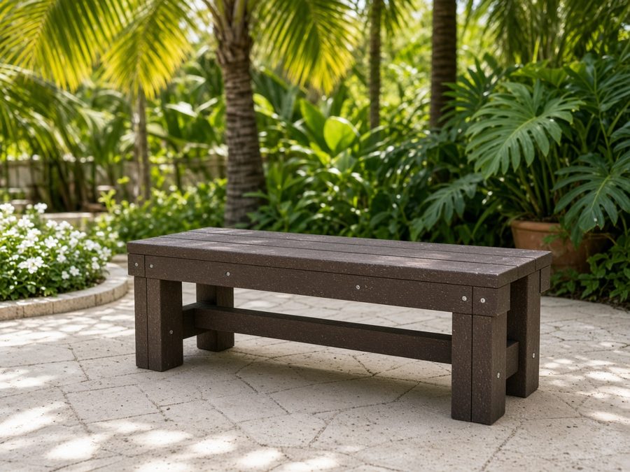 Dark brown recycled-plastic backless garden bench (concept image)