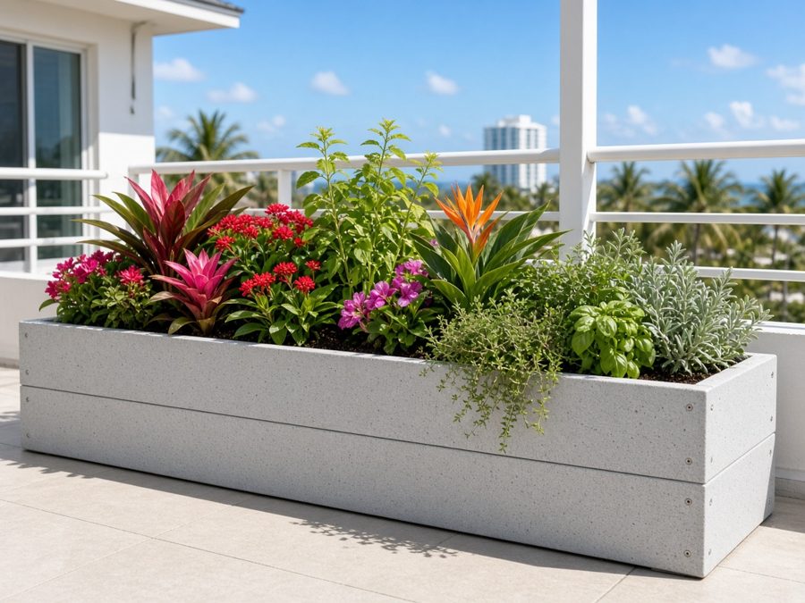 Long light grey recycled-plastic planter box on a Miami Beach balcony (concept image)