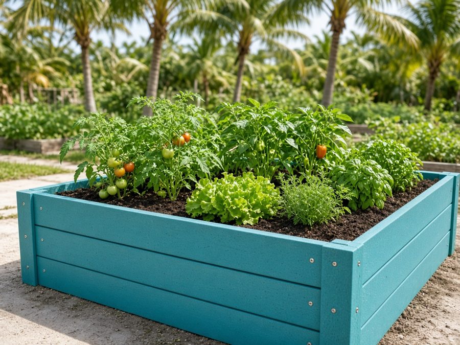 Miami teal recycled-plastic raised garden bed with vegetables (concept image)