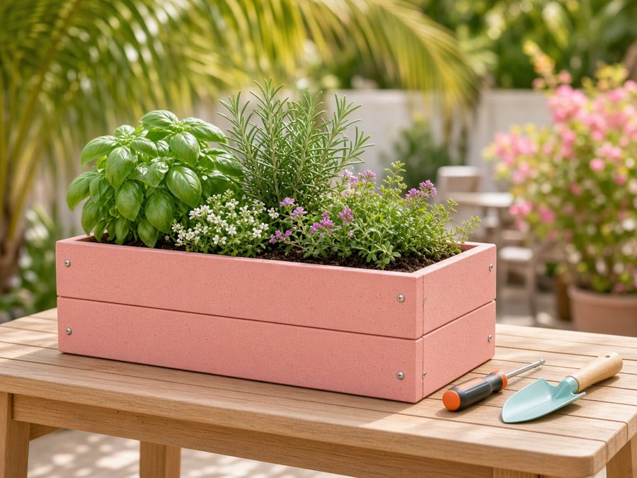 Assembled Everwood Planter Box Kit in Miami pink, planted with herbs (concept image)